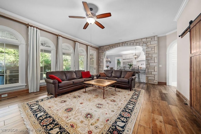 living room with a wealth of natural light, ornamental molding, ceiling fan with notable chandelier, wood-type flooring, and a barn door