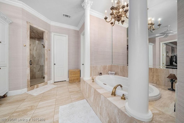 bathroom with tile patterned flooring, decorative columns, separate shower and tub, a chandelier, and ornamental molding