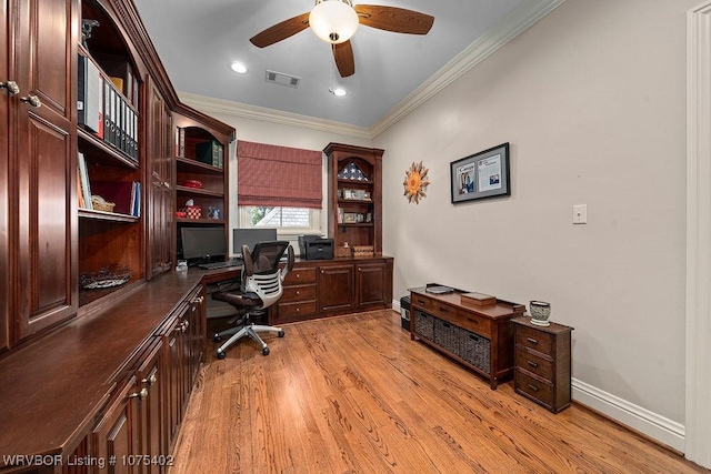 office with light wood-type flooring, ceiling fan, and ornamental molding