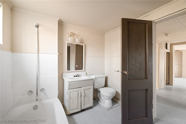 full bathroom featuring shower / washtub combination, vanity, ornamental molding, and toilet