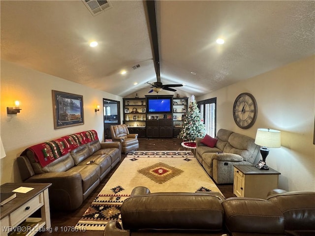 living room with vaulted ceiling and ceiling fan