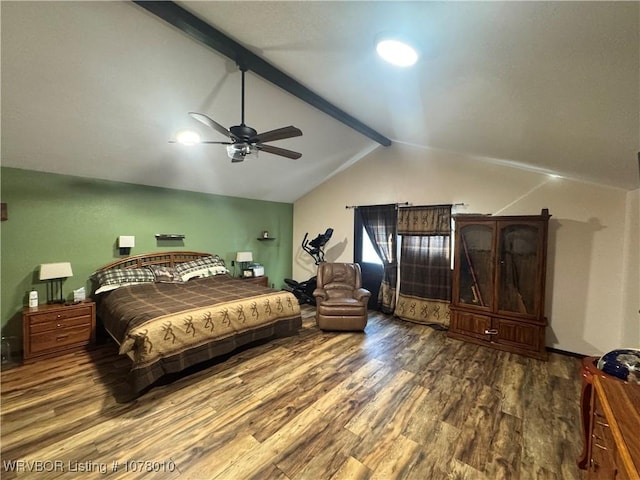 bedroom with ceiling fan, lofted ceiling with beams, and hardwood / wood-style flooring