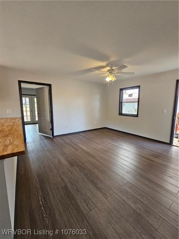 empty room with a wealth of natural light, ceiling fan, and dark hardwood / wood-style floors