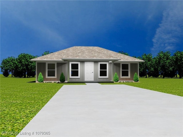 single story home with a front lawn and board and batten siding