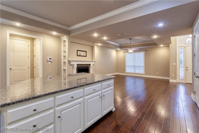 kitchen featuring a fireplace, a tray ceiling, ceiling fan, stone countertops, and white cabinets