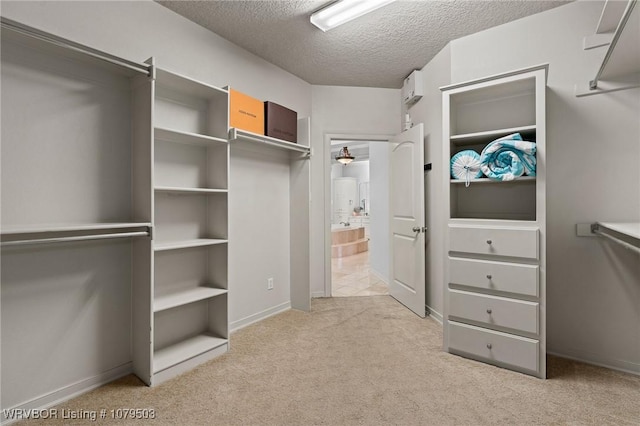 walk in closet featuring light colored carpet