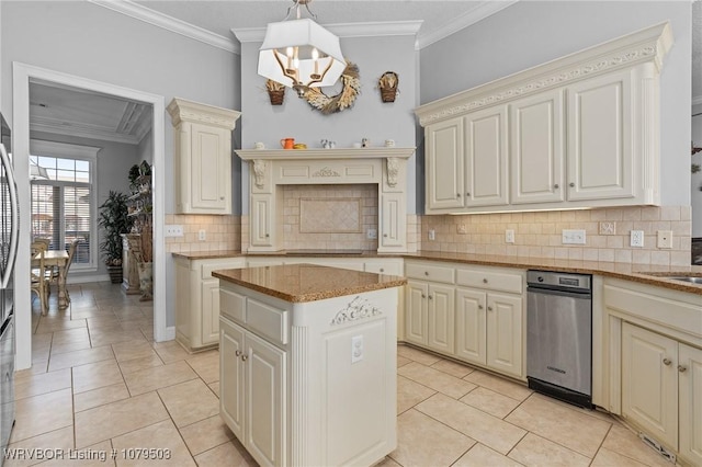 kitchen with light stone counters, cream cabinetry, crown molding, and an inviting chandelier