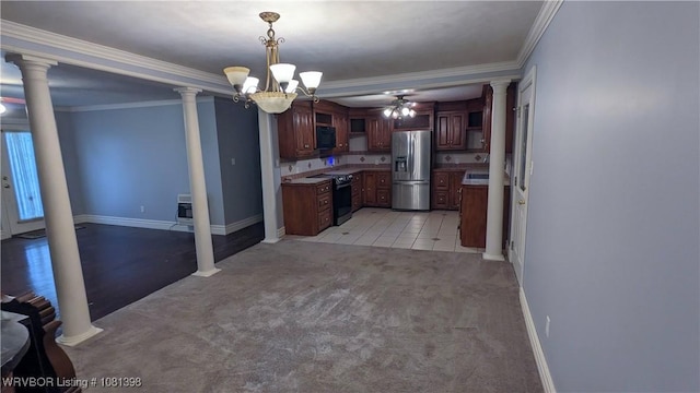 3701 S Cook Rd, Charleston, AR 72933 - kitchen featuring stainless steel refrigerator with ice dispenser, electric range, ornate columns, a chandelier, and ornamental molding