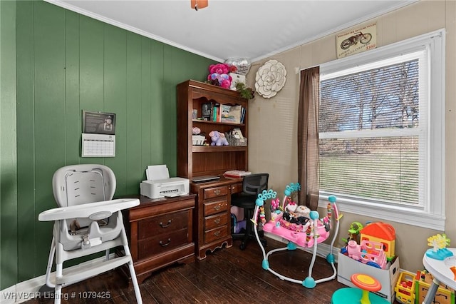 home office featuring dark wood-style floors and ornamental molding