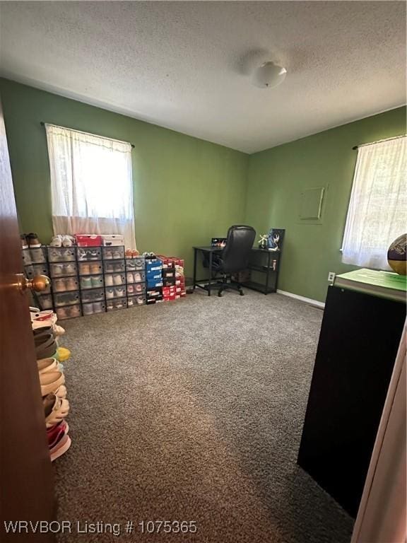 home office featuring carpet floors and a textured ceiling