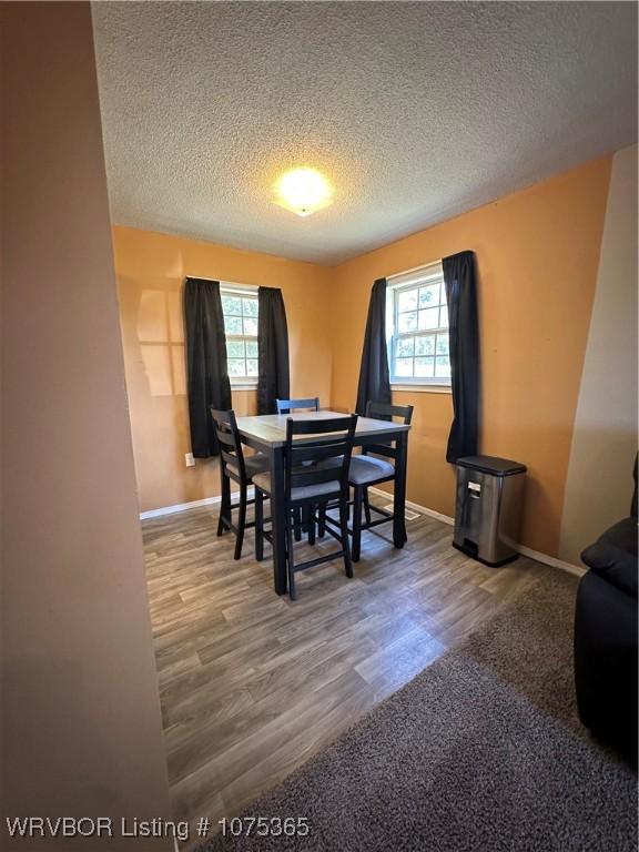 dining room with a healthy amount of sunlight, wood-type flooring, and a textured ceiling