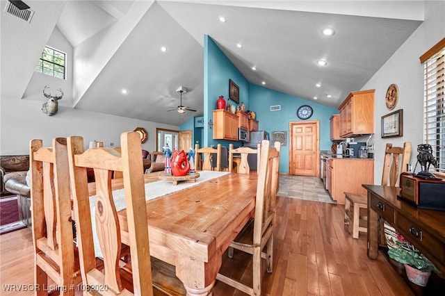 95147 S 4507th Rd, Vian, OK 74962 - dining space featuring ceiling fan, light wood-type flooring, high vaulted ceiling, and recessed lighting