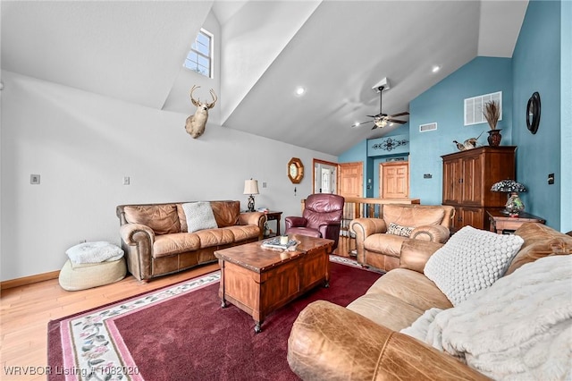 95147 S 4507th Rd, Vian, OK 74962 - living area with high vaulted ceiling, dark wood-style floors, and a ceiling fan