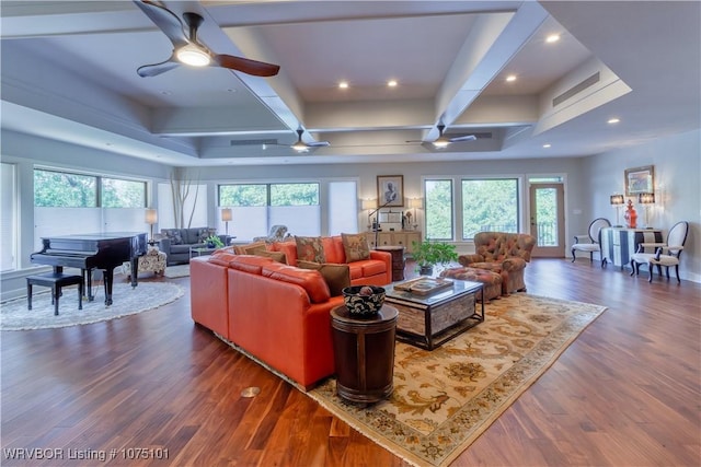 4001 Spring Mountain Rd, Fort Smith, AR 72916 - living room with ceiling fan, beamed ceiling, dark wood-type flooring, and coffered ceiling