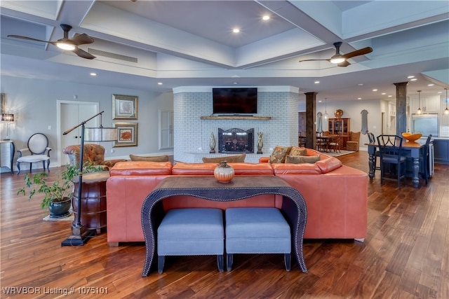 4001 Spring Mountain Rd, Fort Smith, AR 72916 - living room with beamed ceiling, dark hardwood / wood-style floors, ceiling fan, and coffered ceiling