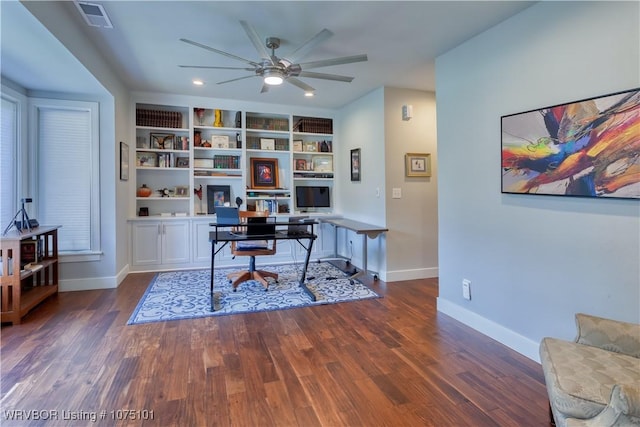 4001 Spring Mountain Rd, Fort Smith, AR 72916 - home office featuring built in shelves, ceiling fan, and dark wood-type flooring