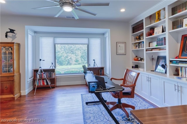 4001 Spring Mountain Rd, Fort Smith, AR 72916 - home office with wood-type flooring, ceiling fan, and built in shelves