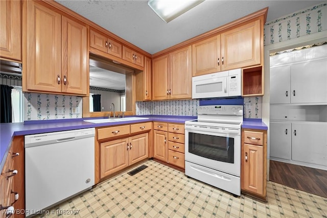 19 Hiland Dr, Fort Smith, AR 72901 - kitchen with white appliances, light floors, wallpapered walls, and open shelves