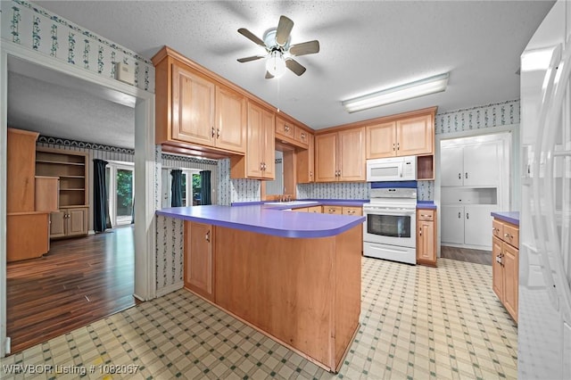 19 Hiland Dr, Fort Smith, AR 72901 - kitchen with white appliances, ceiling fan, wallpapered walls, light flooring, and a peninsula