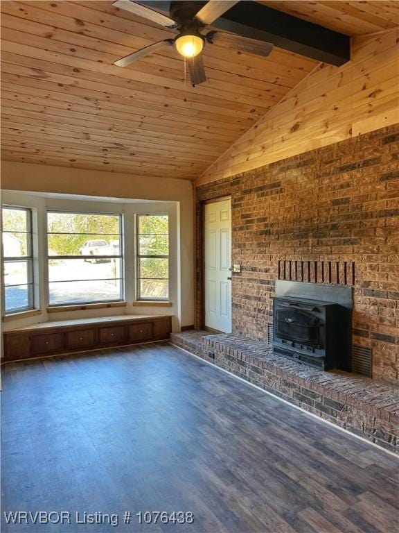 unfurnished living room with hardwood / wood-style flooring, ceiling fan, beam ceiling, high vaulted ceiling, and wooden ceiling