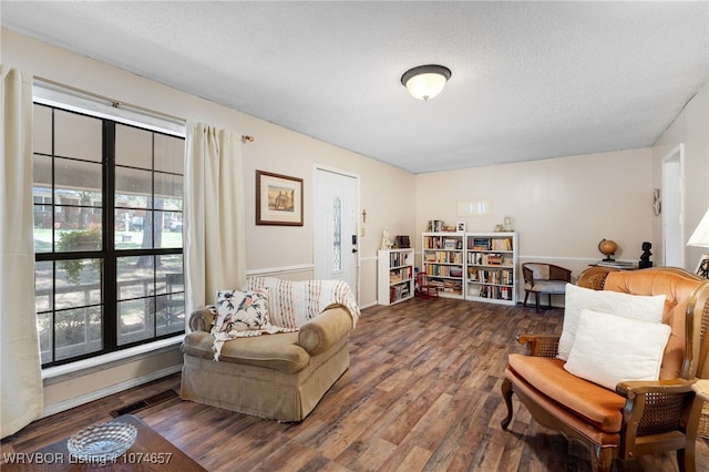 living room with dark hardwood / wood-style flooring and a textured ceiling