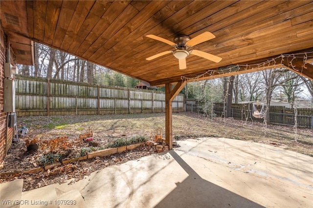 view of patio / terrace with a ceiling fan and a fenced backyard