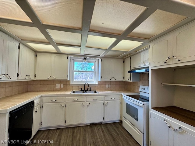 kitchen with dishwasher, white range with electric cooktop, sink, tasteful backsplash, and white cabinetry