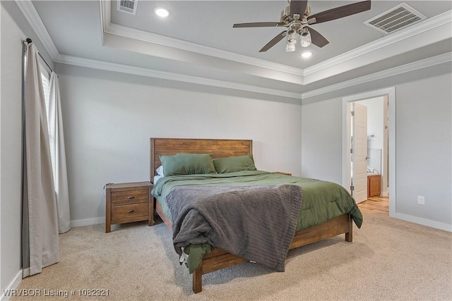 1228 Bradley St, Centerton, AR 72719 - bedroom featuring a raised ceiling, carpet flooring, ornamental molding, recessed lighting, and ensuite bathroom