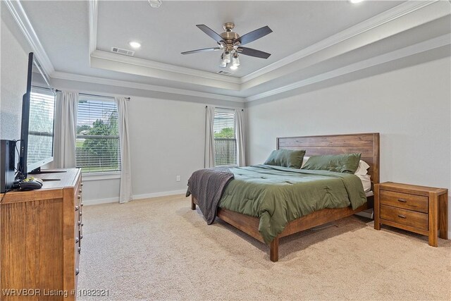 1228 Bradley St, Centerton, AR 72719 - bedroom with light carpet, a raised ceiling, ornamental molding, ceiling fan, and a desk