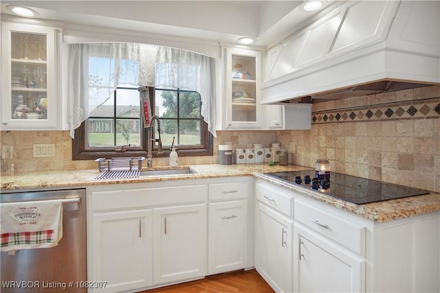 3417 Royal Scots Way, Fort Smith, AR 72908 - kitchen with custom range hood, dishwasher, black electric cooktop, decorative backsplash, and white cabinetry