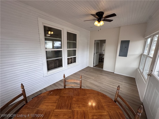 unfurnished sunroom featuring wood ceiling, electric panel, and ceiling fan