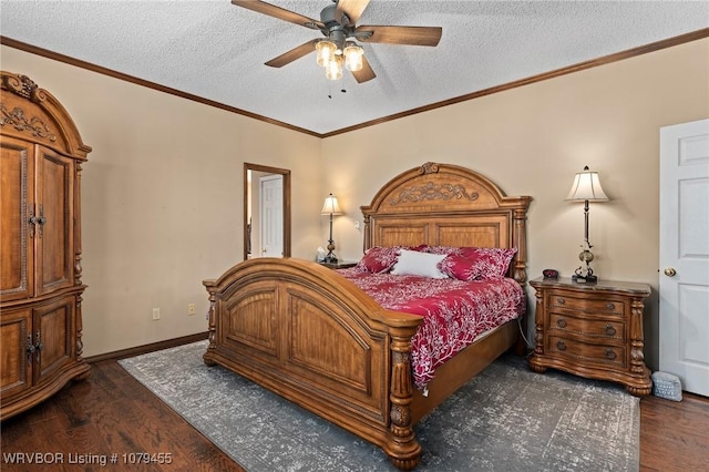 bedroom featuring crown molding, a textured ceiling, and wood finished floors