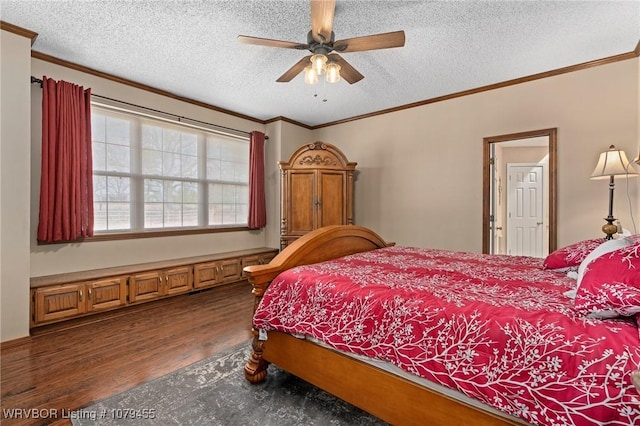 bedroom with ornamental molding, a ceiling fan, a textured ceiling, and wood finished floors