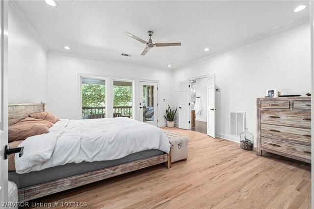 10101 Stephens Ct, Fort Smith, AR 72908 - bedroom featuring ornamental molding, access to exterior, recessed lighting, light wood-style floors, and a ceiling fan