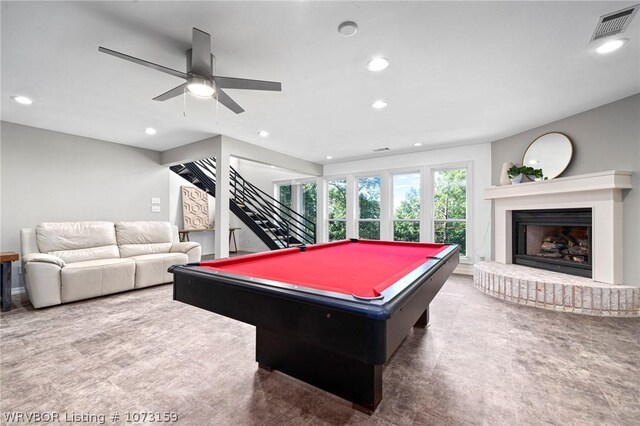 10101 Stephens Ct, Fort Smith, AR 72908 - recreation room with recessed lighting, pool table, ceiling fan, and a fireplace with raised hearth