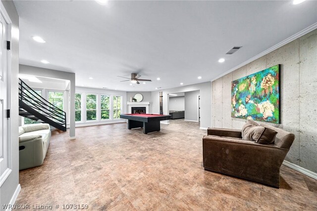 10101 Stephens Ct, Fort Smith, AR 72908 - game room featuring a ceiling fan, recessed lighting, a fireplace, billiards, and crown molding
