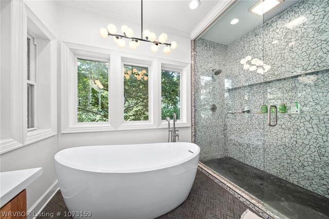 10101 Stephens Ct, Fort Smith, AR 72908 - bathroom with a shower stall, a soaking tub, vanity, crown molding, and recessed lighting