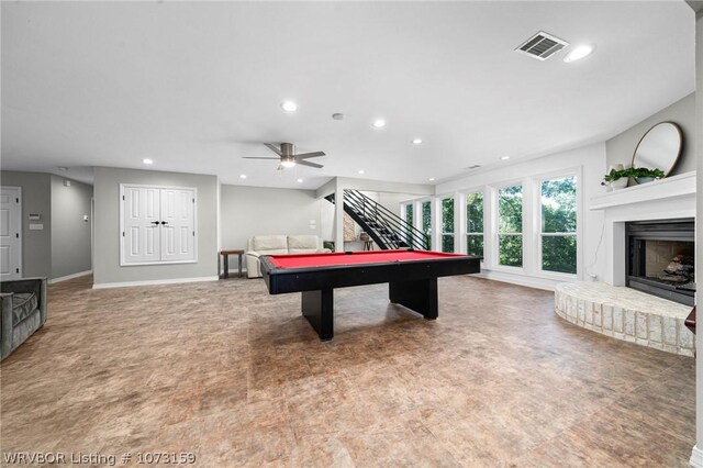 10101 Stephens Ct, Fort Smith, AR 72908 - recreation room with billiards table, recessed lighting, a brick fireplace, and a ceiling fan