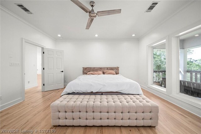10101 Stephens Ct, Fort Smith, AR 72908 - bedroom with ornamental molding, light wood-style flooring, recessed lighting, and ceiling fan