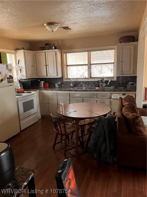 kitchen with white appliances, dark hardwood / wood-style flooring, and a wealth of natural light