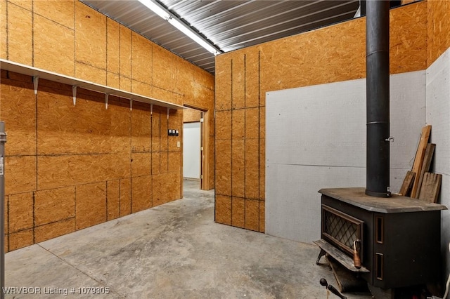 garage featuring a wood stove