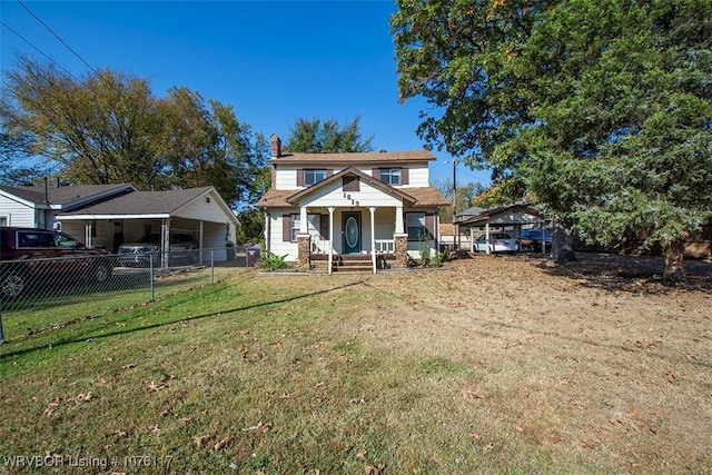 view of front facade featuring covered porch, a carport, and a front yard