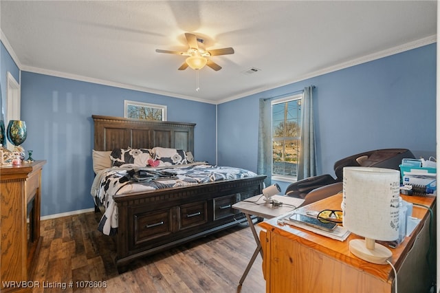 bedroom with ornamental molding, dark hardwood / wood-style floors, and ceiling fan