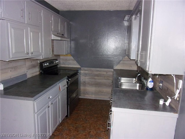 kitchen with white cabinets, decorative backsplash, sink, and black / electric stove