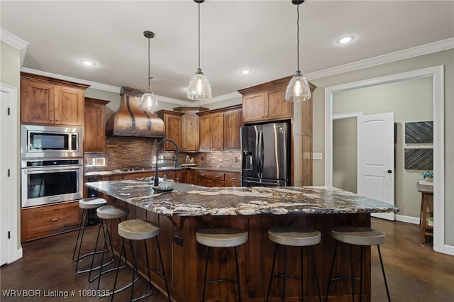 8205 Cisterna Way, Fort Smith, AR 72916 - kitchen featuring stainless steel appliances, custom exhaust hood, concrete flooring, decorative backsplash, and ornamental molding
