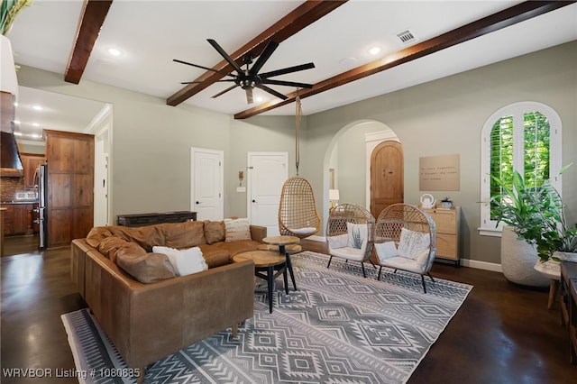 8205 Cisterna Way, Fort Smith, AR 72916 - living area featuring finished concrete flooring, beam ceiling, visible vents, ceiling fan, and recessed lighting