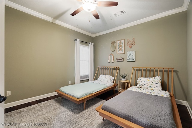 8205 Cisterna Way, Fort Smith, AR 72916 - bedroom featuring baseboards, ceiling fan, visible vents, crown molding, and wood finished floors