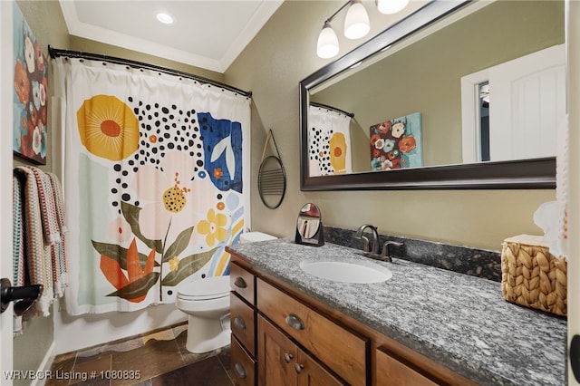 8205 Cisterna Way, Fort Smith, AR 72916 - bathroom featuring toilet, ornamental molding, vanity, and curtained shower