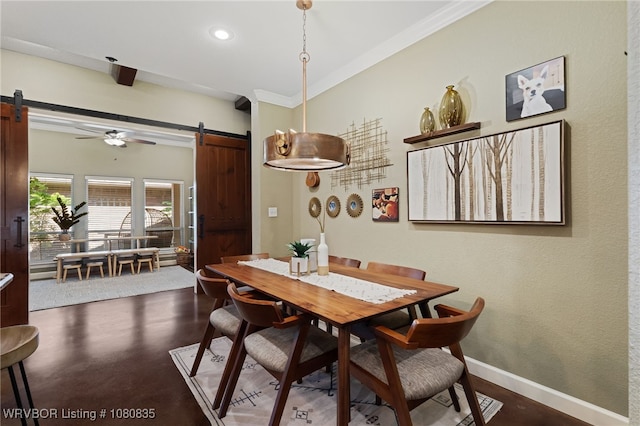 8205 Cisterna Way, Fort Smith, AR 72916 - dining space with finished concrete floors, ornamental molding, a barn door, and a ceiling fan