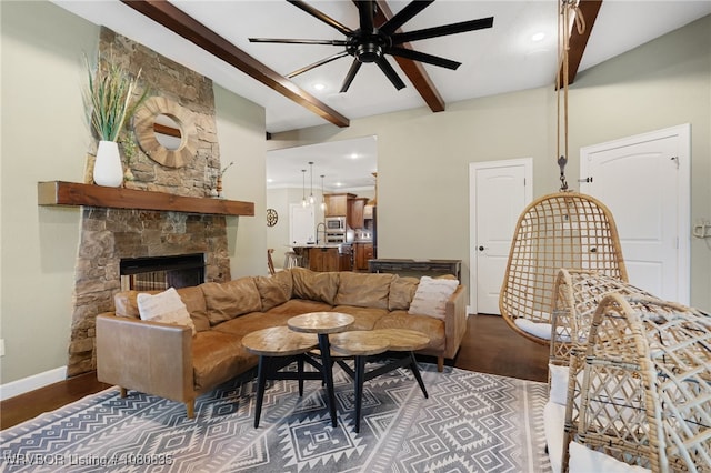 8205 Cisterna Way, Fort Smith, AR 72916 - living area featuring wood finished floors, recessed lighting, a fireplace, beamed ceiling, and a ceiling fan